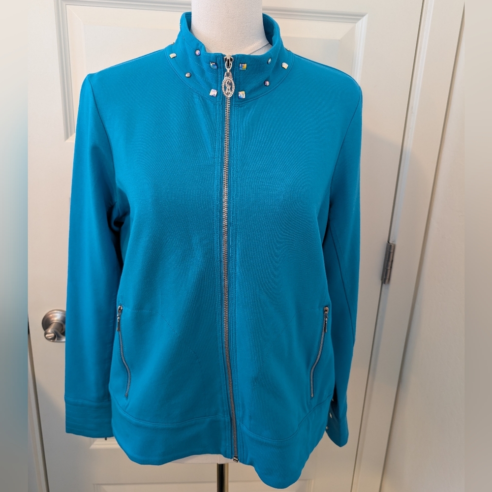 CHRISTINE ALEXANDER Blue Zip Jacket Vintage Aurora Borealis Rhinestone Collar Lg